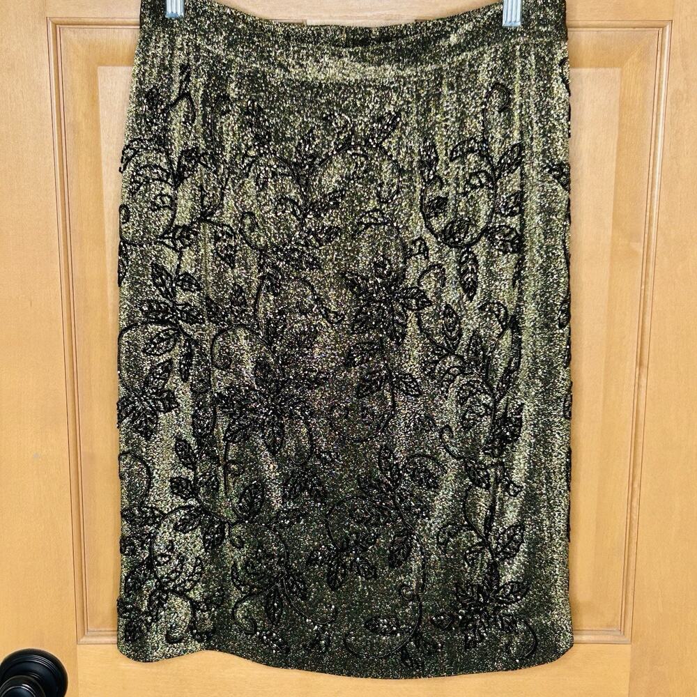 Carmen Marc Valvo Beaded Skirt 8 Gold Metallic Floral Cocktail Party Gorgeous‎